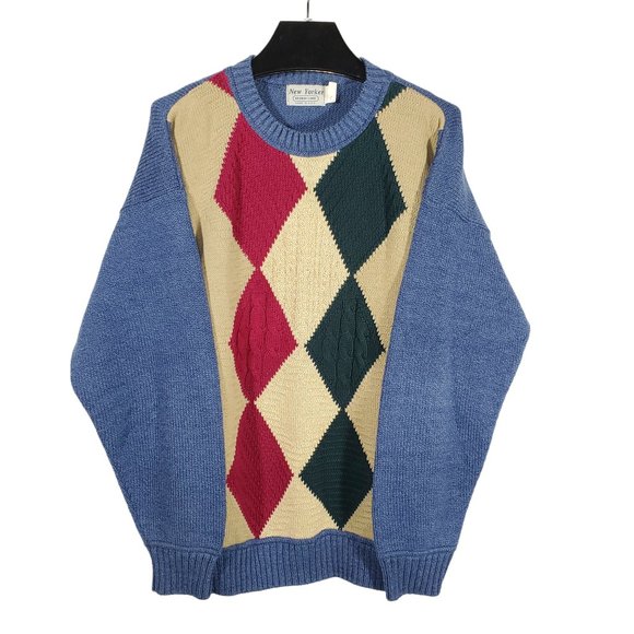 VTG 90s New Yorker Cable Knit Argyle Sweater Textured Colorblock Jester Diamond - Picture 1 of 7